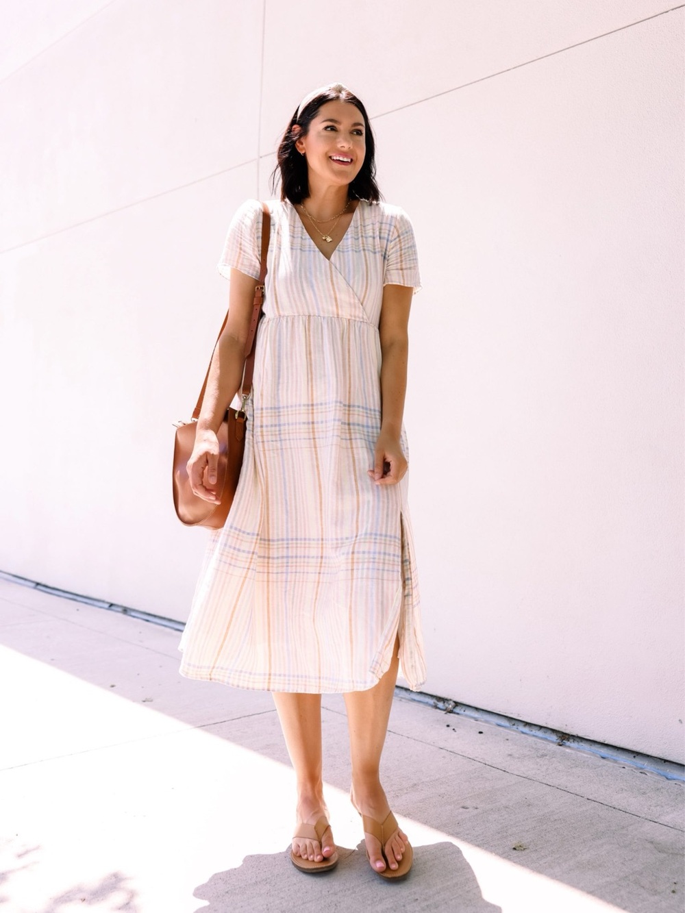 Madewell Light Plaid Linen Blend Midi Dress